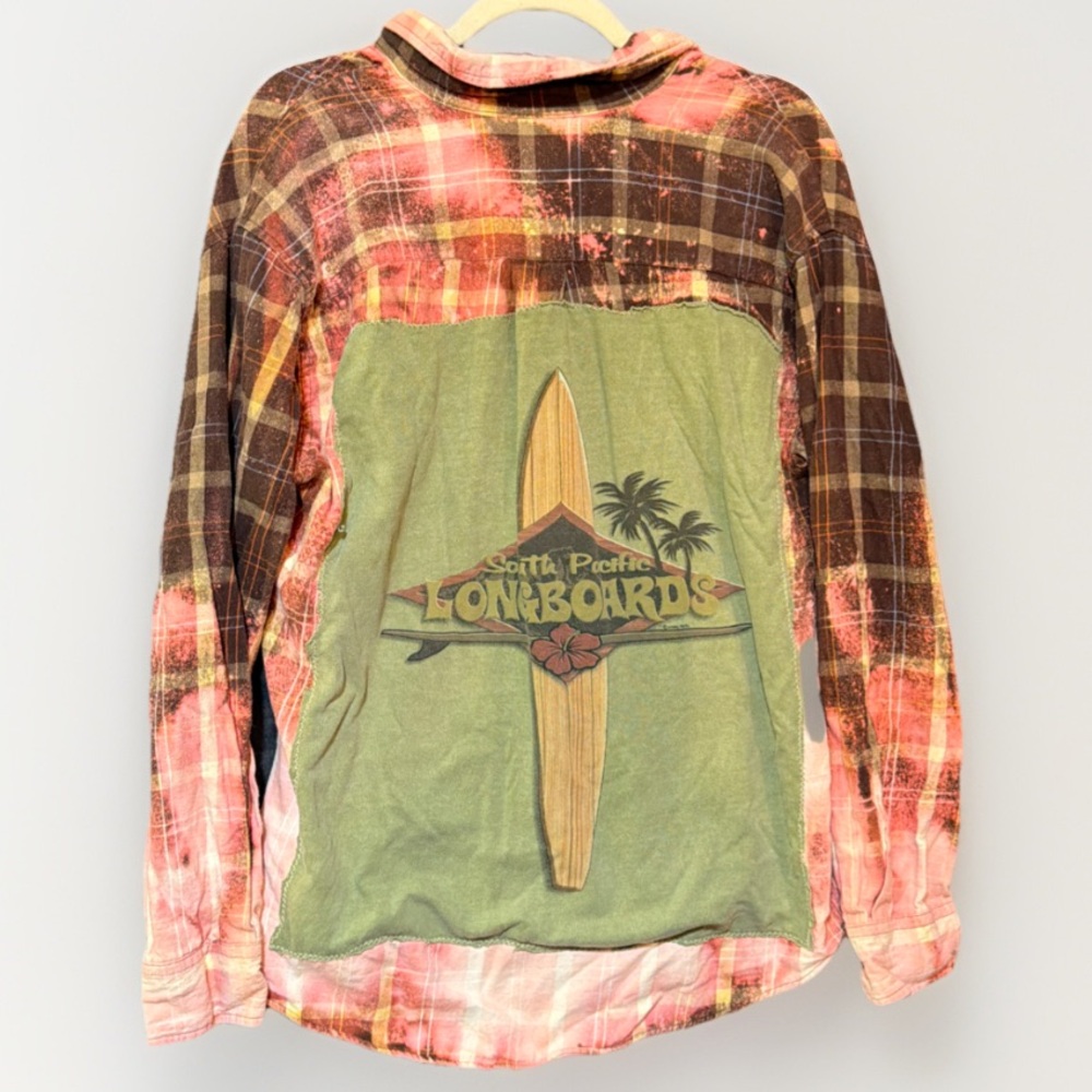 St. John’s Bay Flannel Shirt M Upcycled Bleach Dyed Longboards Graphic Surfing